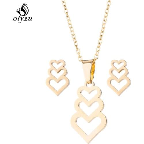 Oly2u Gold Hollow Heart Necklaces Stud Earrings Sets For Women Fashion Jewelry Set Stainless Steel Long Choker Earrings collares