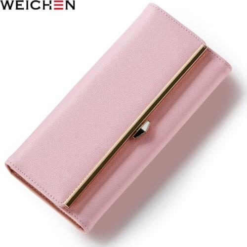 WEICHEN Hot Geometric Metal Long Women Wallets Clutch PU Leather Hasp Solid 8 Color Fashion Lady Purse Card Holder Carteras