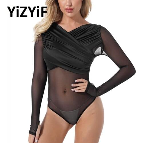 Women Exotic Teddies Bodysuits Sheer Mesh Long Sleeve Leotard Lingerie Night Club Party Sexy Dance Jumpsuit Wear