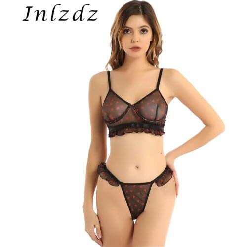 Womens Heart Pattern Lingerie Set See-Through Mesh Bikini Underwear Pleated Under-wired Hot Bra with T-back Briefs Underpants