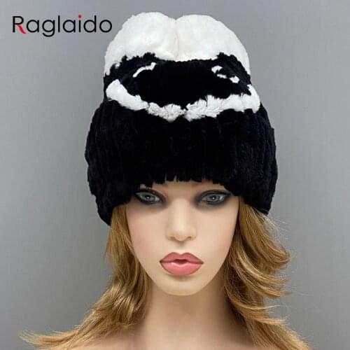 Winter Hats for Women Warm Knitted Rabbit Girls Hats Smile Face Ear Cap Black White Beanies