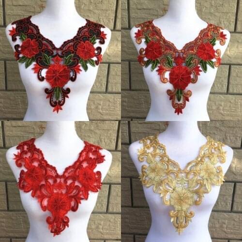 1pc Gold Embroidery Colorful Flower Collar Lace Polyester Fabric,DIY Handmade Collar Lace Fabrics For Sewing Collar Crafts