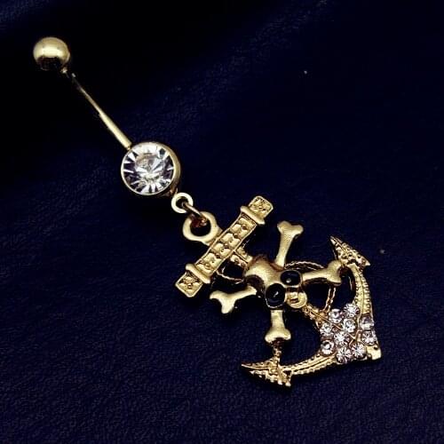 2019 new arrivels Pirate Skull Anchor gold Dangle Belly Button Ring 316L Surgical Steel Navel Ring Body Piercing Jewelry