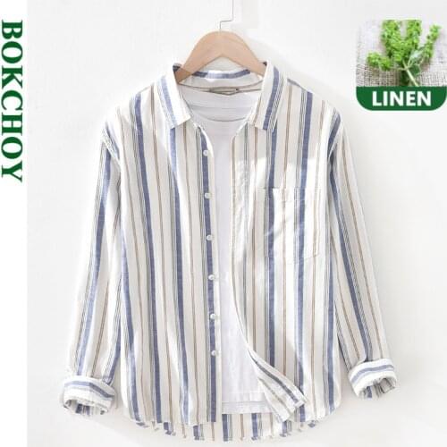 2021 Spring New Mens Linen Shirt Youth Art Striped Square Collar Long Sleeve Cotton and Linen Shirt 1993