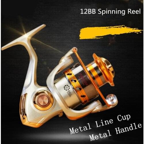 5000 Series 12 Ball Bearing 5.2:1 Champagne Fishing Reel Saltwater Freshwater Spinning Wheel with Metal Line Cup & Handle