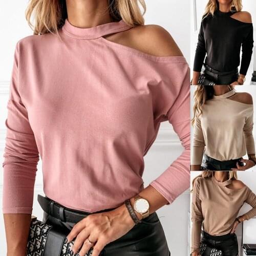 Women Blouses Fashion Solid Color Off Shoulder Long Sleeve T-shirt Halter blouse women 2020 summer Plus Size 2XL women clothing