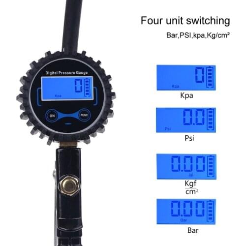 Digital Tire Inflator with Pressure Gauge, 200 PSI / BAR / KPa / Kgf/cm2, Heavy Duty 32cm 12" Rubber Hose, Dual Head Air Chuck
