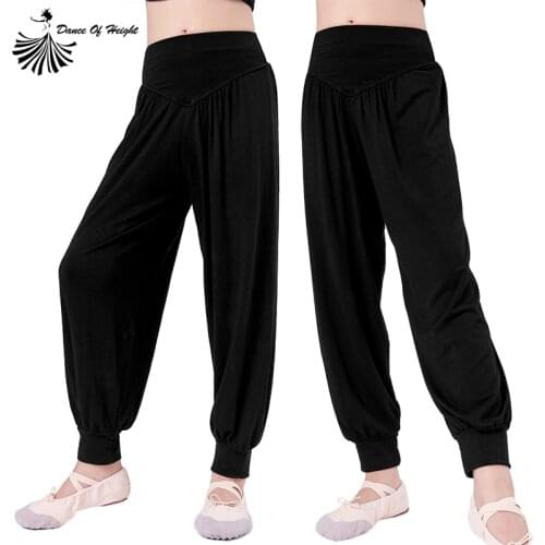 Childrens Dance Pants Girls Modal Exercise Trousers Loose Wide Leggs Harem Pants For Big Girl Elastic Waist Tie Leg Black