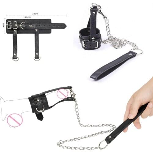 Men Penis Sleeve Ring Erection Sex Aid Chain Leash Leather Cockring Ball Stretcher BDSM Bondage Male Chastity Cage Adult Sex Toy