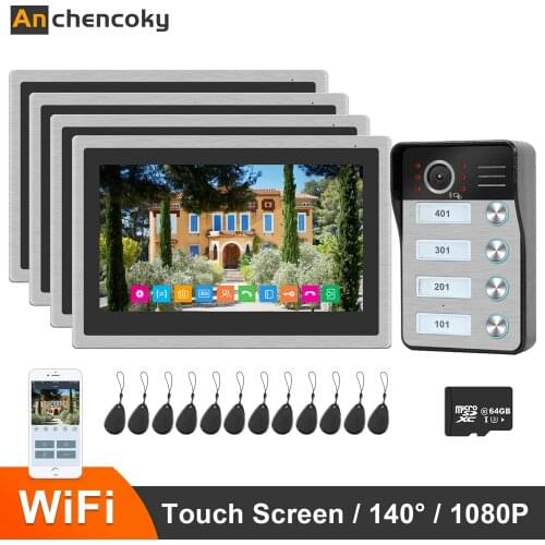 Anchencoky WiFi Video Intercom Doorbell 10 inch IP Wireless Monitor x4 1080P Video Doorbell Support ID Card Home Intercom System