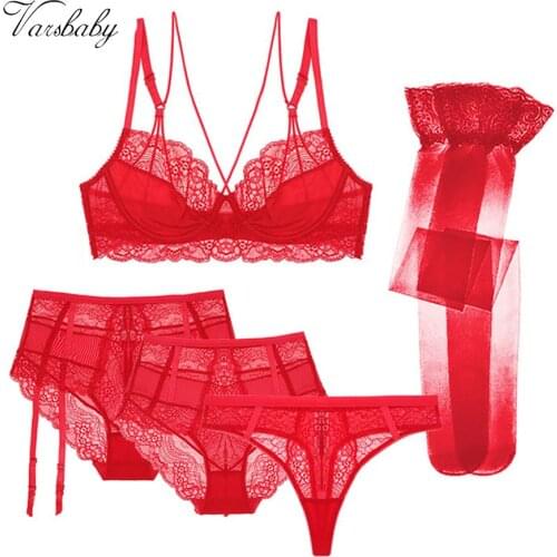 Varsbaby sexy beauty back Y-lined deep V unlined lace 3/4 cup bra set bra+high-waist panties+ thong+stockings 5 pcs