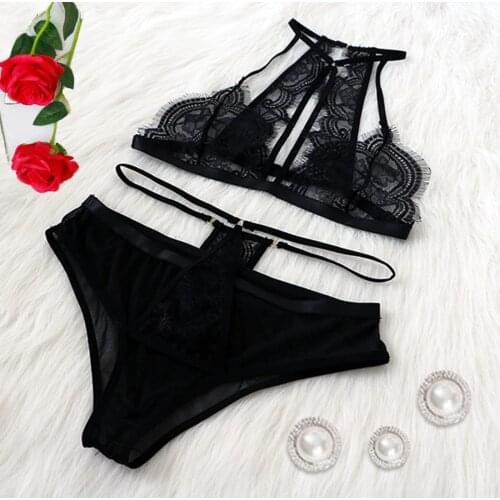 2021 New Women Sexy porno Embroidery Lace Underwear V-neck Wireless Bra Thong Exotic Transparent Lingerie Set трусы женские
