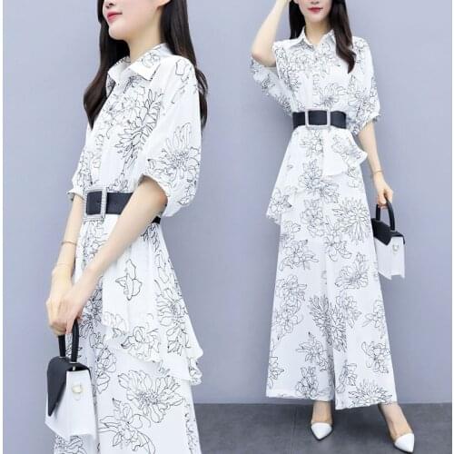 Large size Hakama wear fashionable women wide-leg pants suit 2021 summer new temperament chiffon printed two-piece suit sets n94