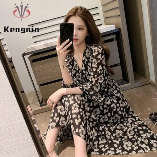 Plus Size 4XL Women Dress 2021 Spring Autumn Ladies Vestidos Sexy V-Neck Print Floral Robe Long Sleeve Female Dresses KE865