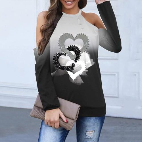 Casual Off Shoulder Love Print T-Shirt Women Fashion Casual Autumn O-neck Long Sleeved Loose T Shirt Plus Size Pullovers Tops