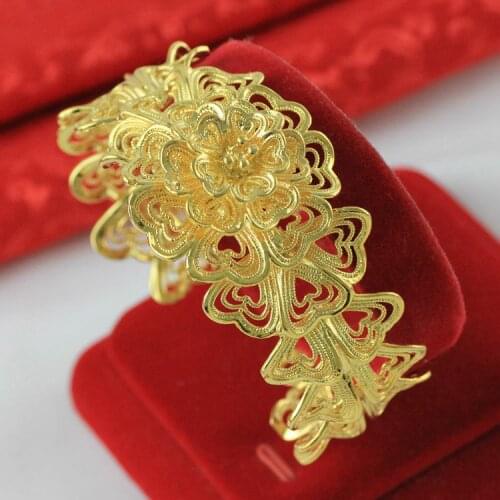 Luxury Filigree Flower Shaped Cuff Bangle Yellow Gold Filled Women Wedding Bridal Bangle Bracelet Delicate Jewelry Gift