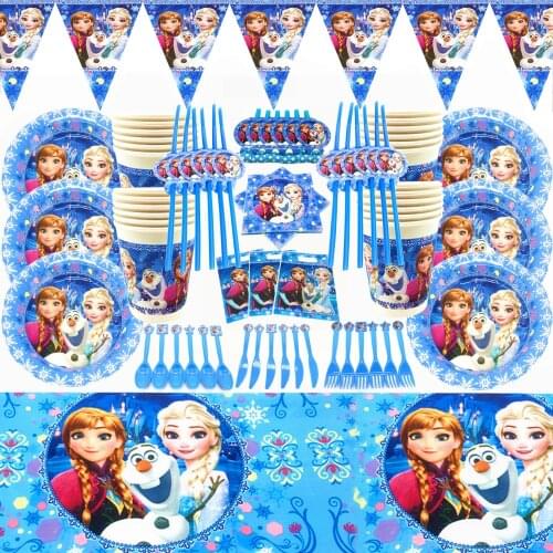 Princess Party Supplies Cup Plate Hat Flags Frozen Princess Snow Queen Theme Kids Girl Happy Birthday Party Decor Tableware Sets