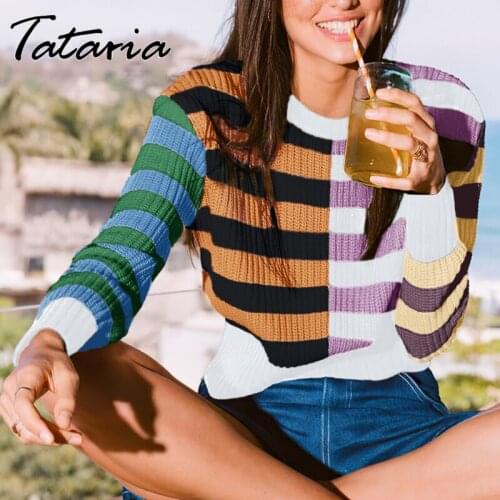 Striped Sweater Yellow Warm Sweaters for Women Autumn Spliced Color Contrast O Neck Knitted Tops Pullover Female 2021 Jumper