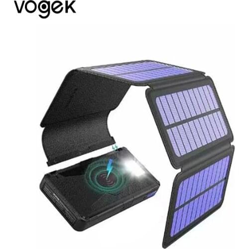 Vogek Solar Folding Power Bank 16000mAh Qi Wireless Solar Charger Magnet Foldable Wireless External Battery with LED Light