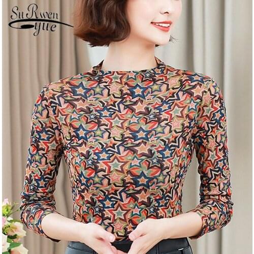 Autumn 2021 New Fashion Women Tops Casual Women Blouses Elegant Women Clothing Long Sleeve O-neck Printed Slim Fit Tops 6009 50