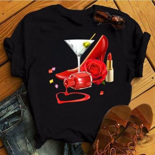 Women T Shirt Wine Glass and Nali Art Heart Print Black Tshirt Female T-shirt Fashion Short Sleeve Tee Tops Harjauku Cute Tshirt