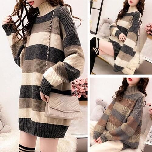 Women Turtleneck Knitted Striped Sweater Ladies Long Sleeve Mock Neck Color Block Sweater Autumn Winter Knitwear Jumper 2021