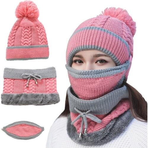 Womens Winter Hat Mask Bib 3 Piece Set Velvet Thick Knitted Hat Warm Ear Protection Mixed Color Woolen Hat for Women Caps