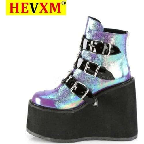 2020 Metal Buckle Ankel Boots for Women Black White Punk Female Platform Boots Wedges High Heels Botas Boots
