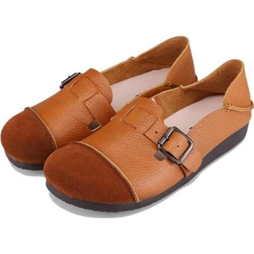 Genuine Leather Flat Shoes Woman Hand-sewn Leather Loafers Cowhide Flexible Spring Casual Shoes Buckle Round Toe women shoes