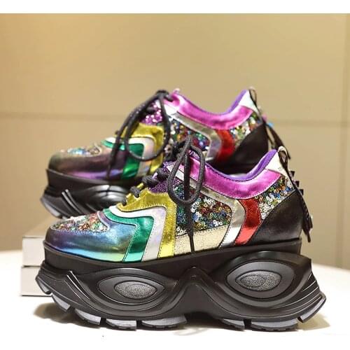 Womens Genuine Leather Sequins Bling Rivet Studs Sneakers Platform High Heel Lace Up Sport Korean Styles Shoes New 2021