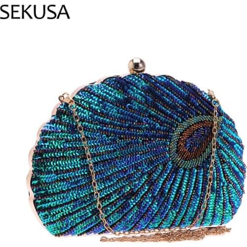 Hald-Moon Sequined Women Day Clutch Green Color Party Dinner Retro Plastic Beading Handbags Purse With Chain Shoulder
