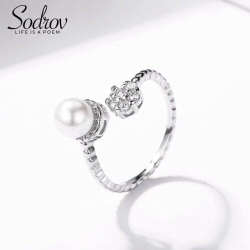 SODROV Hot 925 Sterling Silver Pearls Ring Resizable Engagement Wedding Jewelry For Women R038