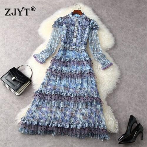 High Quality Fashion Spring Runway Cascading Ruffles Lace Dress Long Sleeve Sexy Robe Elegant Women Vintage Holiday Vestidos
