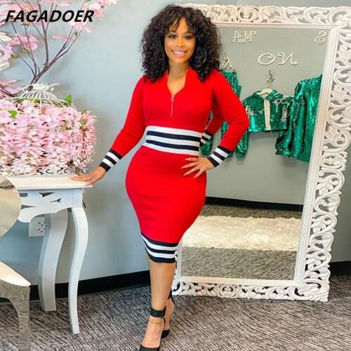FAGADOER Stripe Patchwork Elegant Dress Zipper Sexy V Neck Bodycon Dresses Office Lady Slim Vestidos Fashion Women Clothing Red