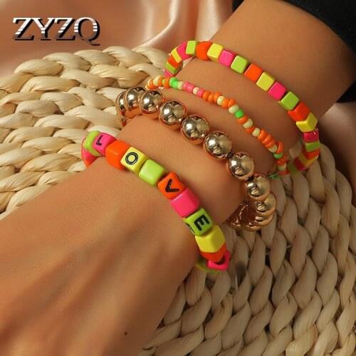 ZYZQ 4 Psc Color Letter Beaded Bangle Set For Women Bohemian Acrylic Retro LOVE Bracelet Fashion Dance Jewelry Accessories