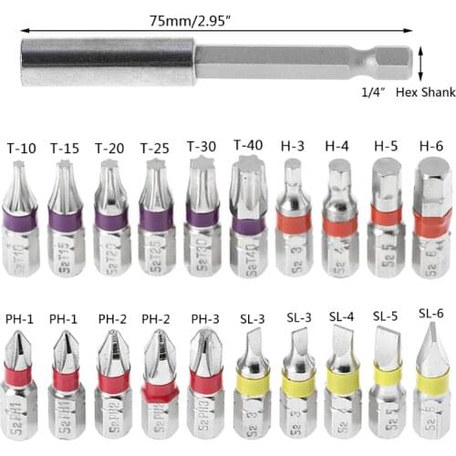 High Quality 20 Pcs Torx Flat Hex Screwdriver Bit Set PH Head Color Coded with Magnetic Holder