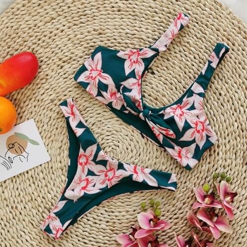 2021 New Women Bikinis Set Low Waist Floral Print Front Knotted Printing Summer Beach Swimwear Double-Sided Sexy Split Swimsuit