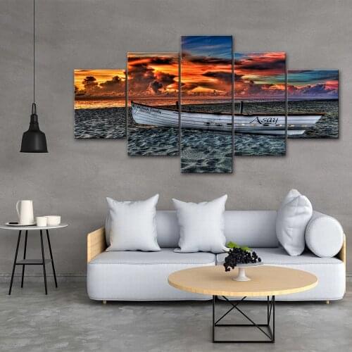 Hd Prints Sunset Cloud Pictures Wall Art 5 Pieces Sea Beach Ship Canvas Painting Home Decor Living Room Modular Poster Framed
