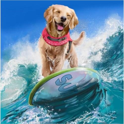 5D DIY Full Round Diamond Painting Dog Swimming Surfing Cross Stitch 3D Embroidery Rhinestone Mosaic Home Decor Art Y1720