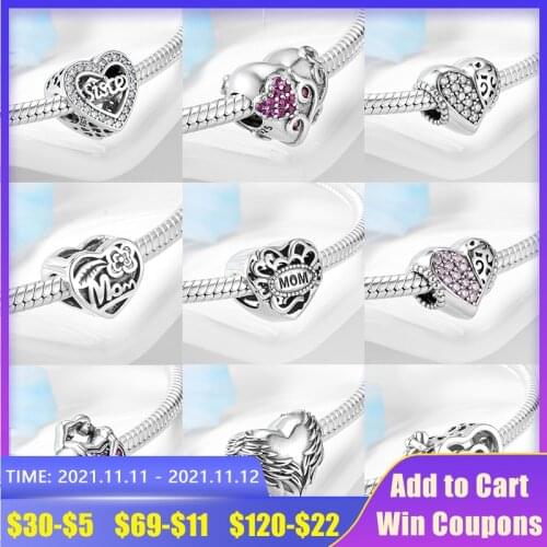 925 Sterling Silver Clear zircon heart Family MOM beads Fit Original European Charm Bracelet Jewelry making Mothers Day