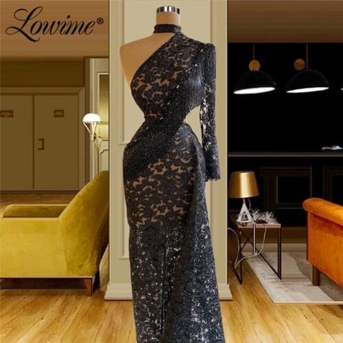 Black Beading Tassel Formal One Shoulder Evening Dresses Lace Mermaid African Prom Dresses 2021 Robe De Soiree Party Gowns