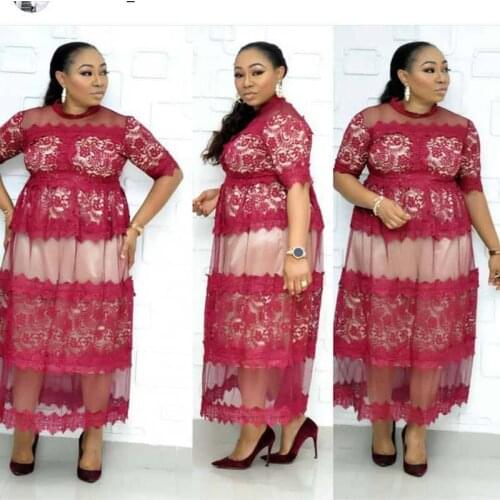 Elegant Lace Dress Plus Size Women African Clothes Mesh Patchwork Evening Party Dress High Collar High Waist A-Line Maxi Dress