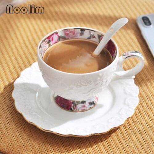 European Ceramic Coffee Milk Mug Simple Bone China White Embossed Afternoon Tea Cup with Saucer and Spoon Set Drinkware 200ML