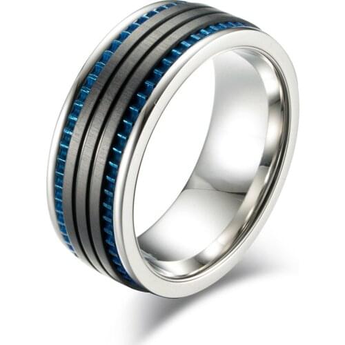 Hot Selling Simple Titanium Steel Drawing Black Space Blue Tooth Ring Mens Fashion Ring Jewelry