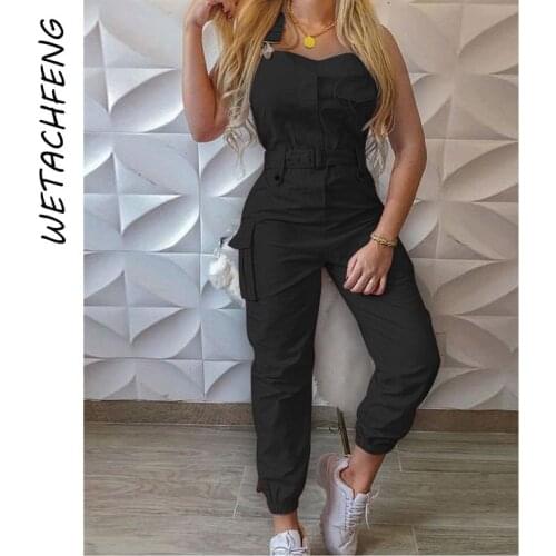 One Piece Jumpsuit Women Summer Black Sexy Sleeveless Cargo Pants Belt Female Club Outfits Overalls Plus Size Romper Clothing