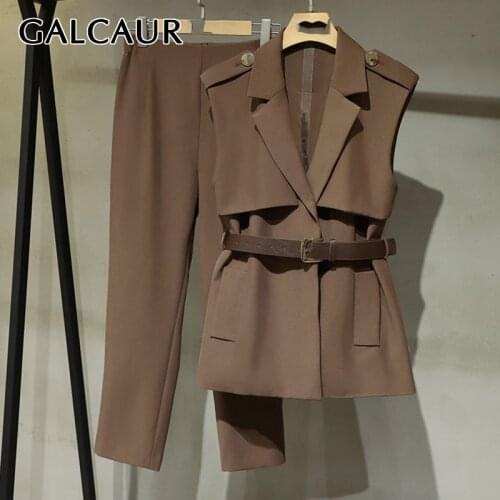 GALCAUR pure color two piece sets for female lapel collar sleeveless top with high waist loose Straight leg pants womens set