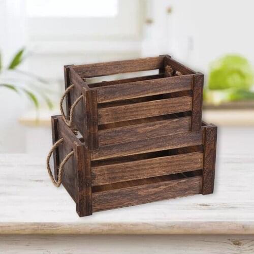 Creative Household Wooden Rectangular Storage Basket with Rope Handle Vintage Rustic Hollow Out Organizer Bin Box Crates