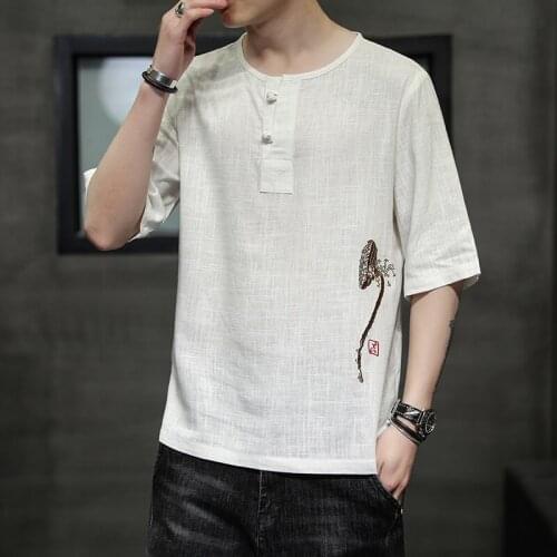 Men Short Sleeve T-Shirt Retro Embroidery Qipao Tops Zen Tea Tang Suit Chinese Style Tai Chi Kung Fu Casual Shirts Blouse 30787