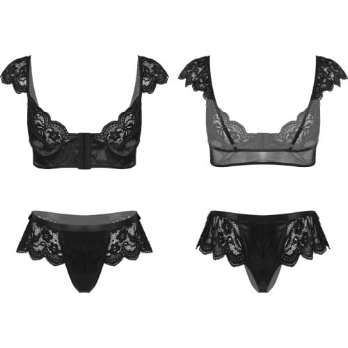 New Mens Sexy Lace Patchwork Satin Lingerie Sissy Nightwear Front Closure Bra Tops with Bowknot Jockstraps Bulge Pouch Briefs
