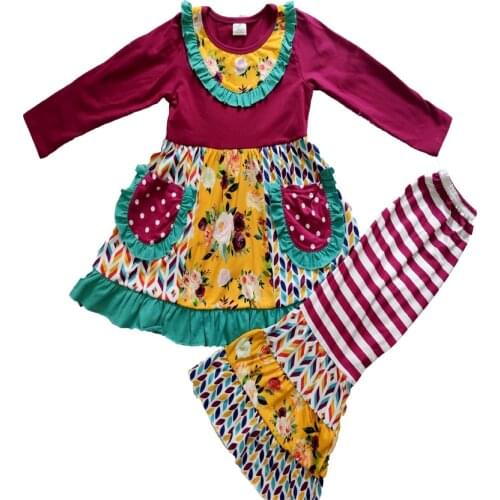Wholesale/retail flower outfits baby girls patchwork tops+stripe flare pants 2pcs set kids boutique childrens clothing suit